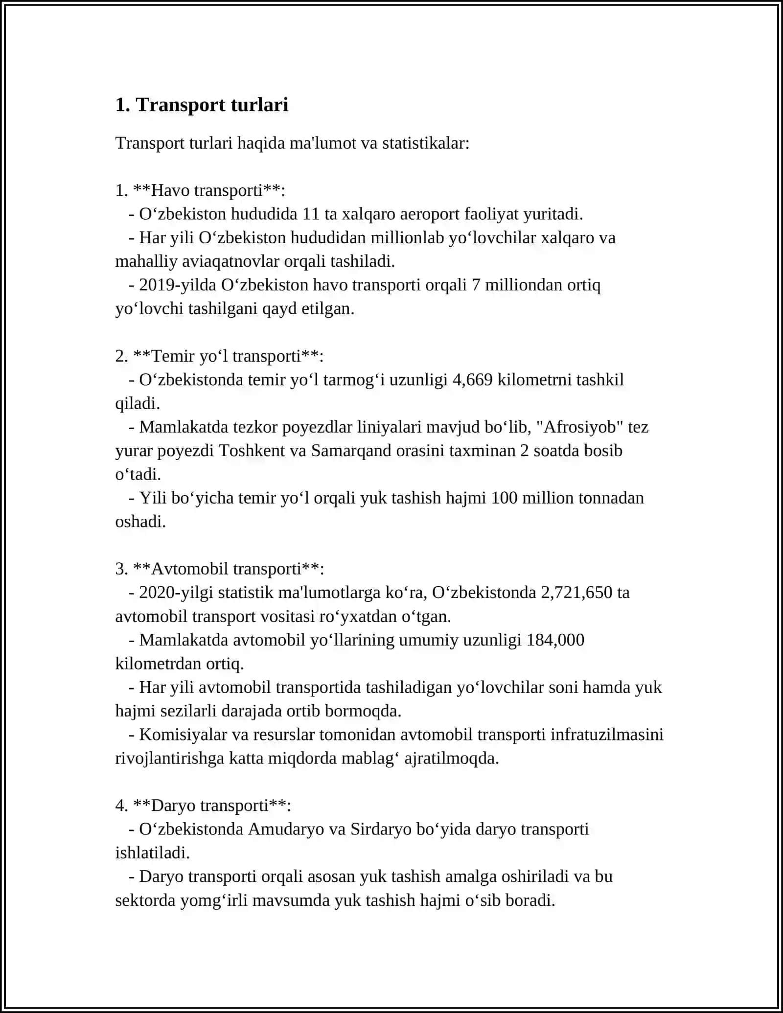 YUKLARNING TRANSPORT TASNIFI 3