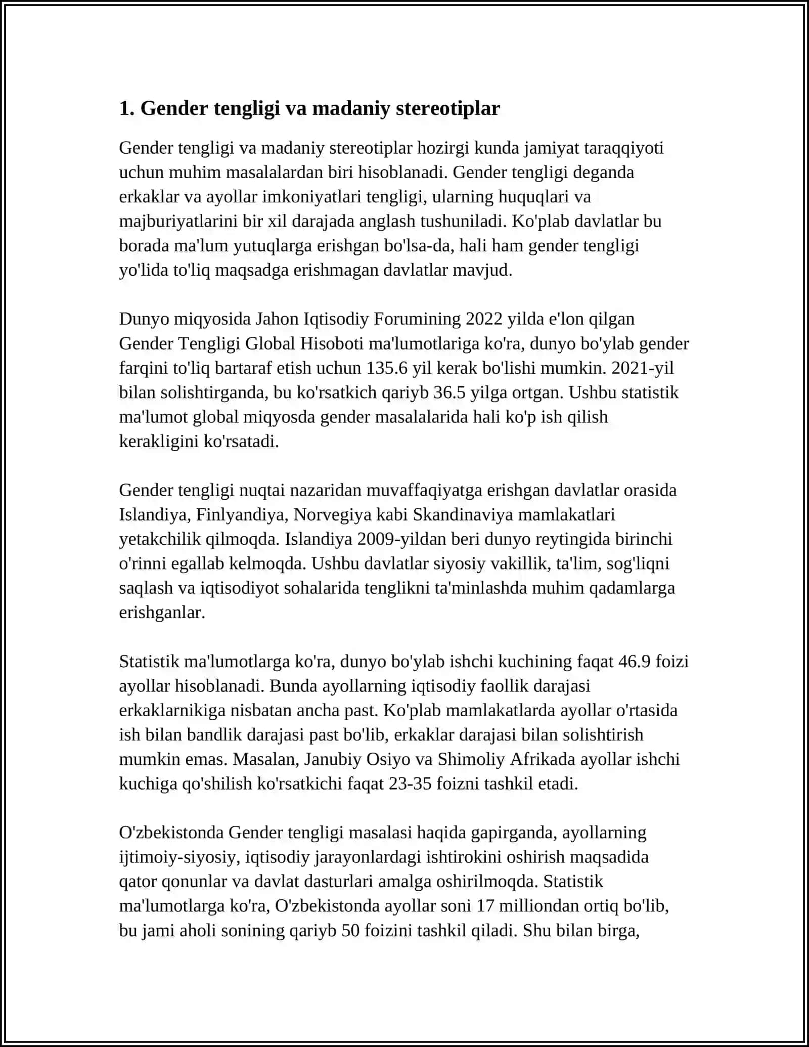 GENDER TENGLIGI XOTIN-QIZLARGA BO'LGAN MUNOSABATLAR 3