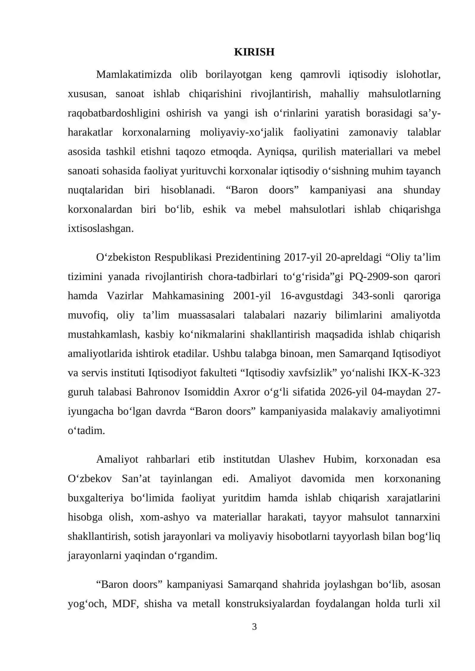 MALAKAVIY AMALIYOT HISOBOTI. faoliyati eshik va mebel mahsulotlarini ishlab chiqarish. 3