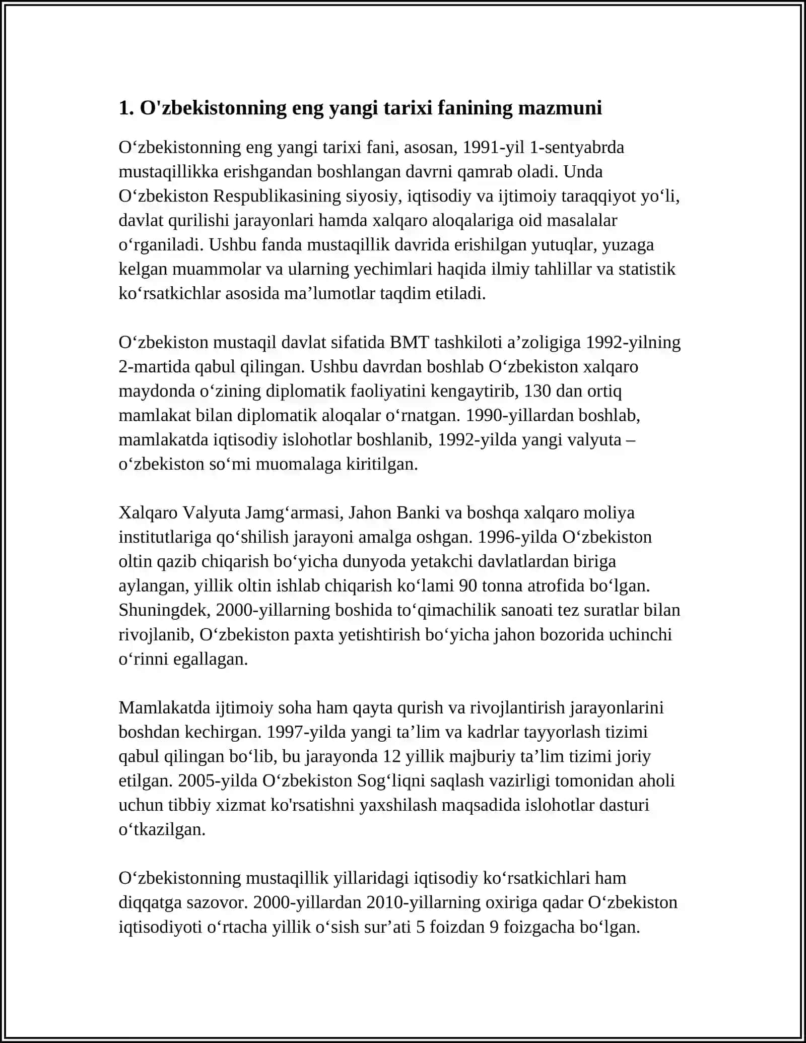 O‘zbekistonning Eng Yangi Tarixi Fanining Predmeti, Maqsadi va Vazifalari 3
