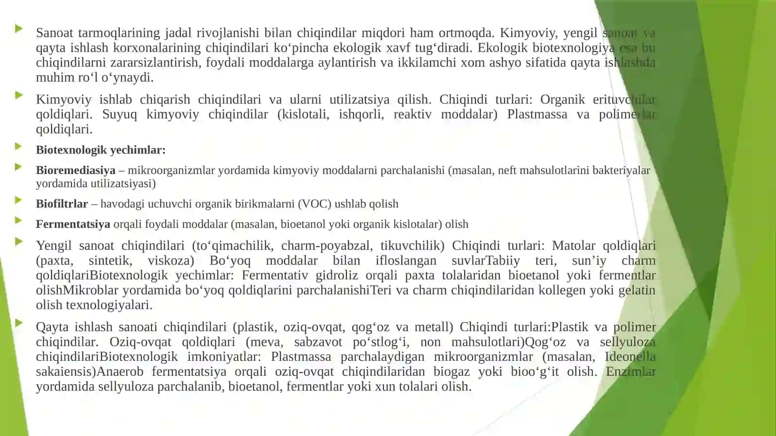 KIMYOVIY ISHLAB CHIQARISH, YENGIL SANOAT VA QAYTA ISHLASH KORXONALARI CHIQINDILARI UTILIZATSIYASI VA ULARDAN IKKILAMCHI XOM ASHYOLAR OLISH BO‘YICHA EKOLOGIK BIOTEXNOLOGIYA IMKONIYATLARI 3