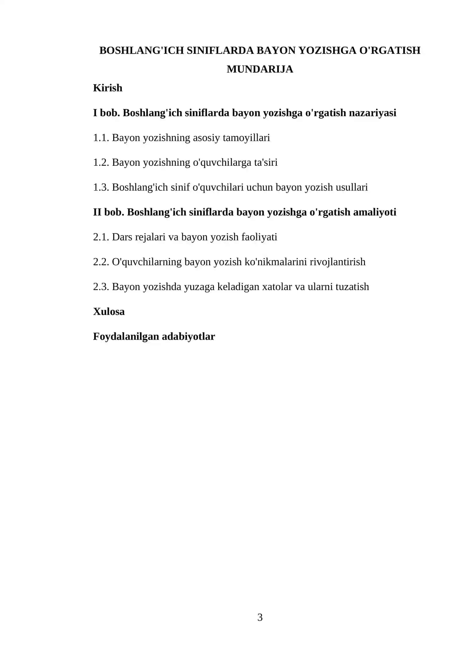 ONA TILI-O’QITISH SAVODXONLIGI VA UNI O’QITISH METODIKASI FANIDAN TAYYORLAGAN KURS ISHI 3