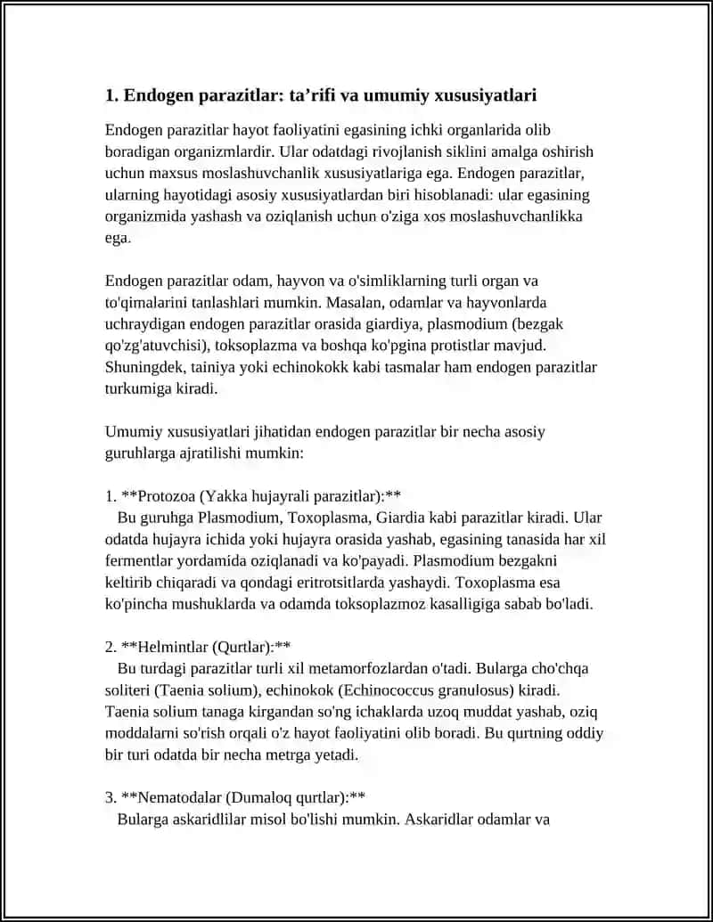 ENDOGEN PARAZITLAR KADALLIKLARI, KLASSIFIKATSIYASI, PAYOGENEZI, LABARATORIYA TASHXISI 3