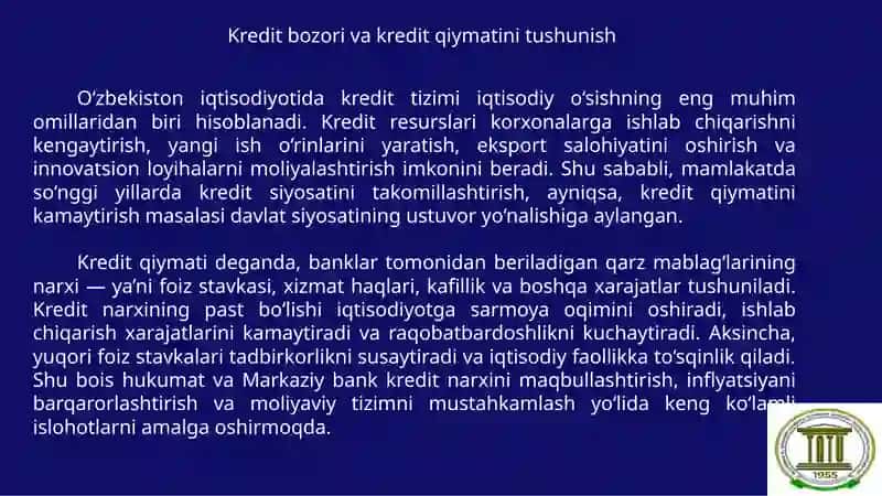 O‘zbekistonda kredit qiymatini kamaytirish bo‘yicha amalga oshirilayotgan choralar 3