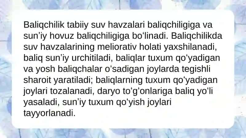 UMUMIYHOVUZ RESURSLARI:TIJORAT UCHUN FOYDALI BALIQCHILIK 3