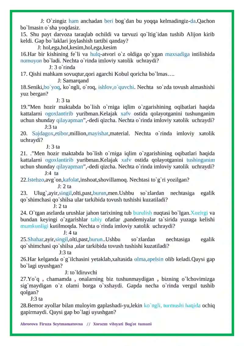 ONA TILI VA ADABIYOT FANIDAN ATTESTATSIYAGA TAYYORGARLIK UCHUN TEST SAVOLLARI.2021-yil repetitsiya testlari (tO`G`RI JAVOBI BILAN) 3