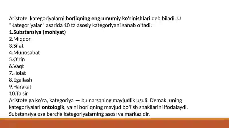 Aristotel, Forobiy va Kant ontologiyasida kategoriyalar tasnifini qiѐsiy tahlil etish va farqlarini aniqlash, esse tayѐrlash, krossvord tayѐrlash. 3