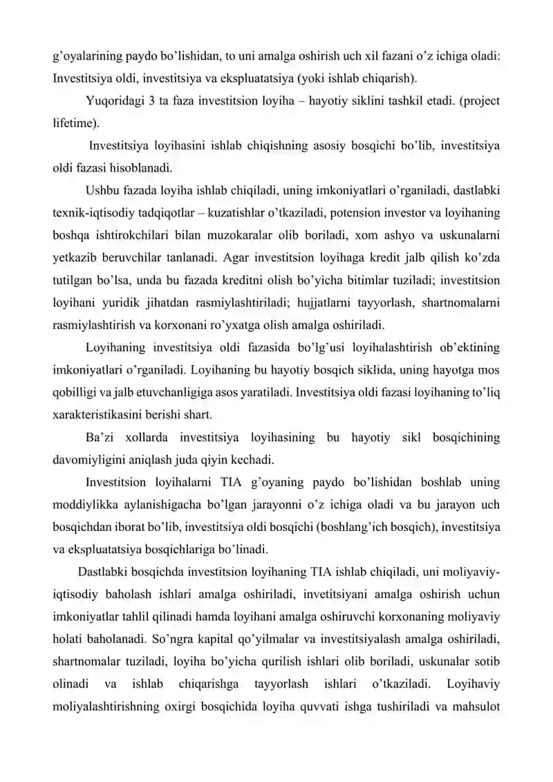 INVESTITSION LOYIHANI TAYYORLASHNI TASHKIL QILISH (INVESTITSIYA OLDI FAZASI). 3