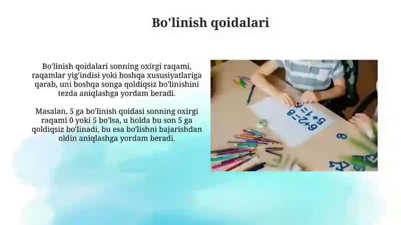 Boʻlinish belgilari va qoldiqli boʻlish (5-sinflar uchun) 3