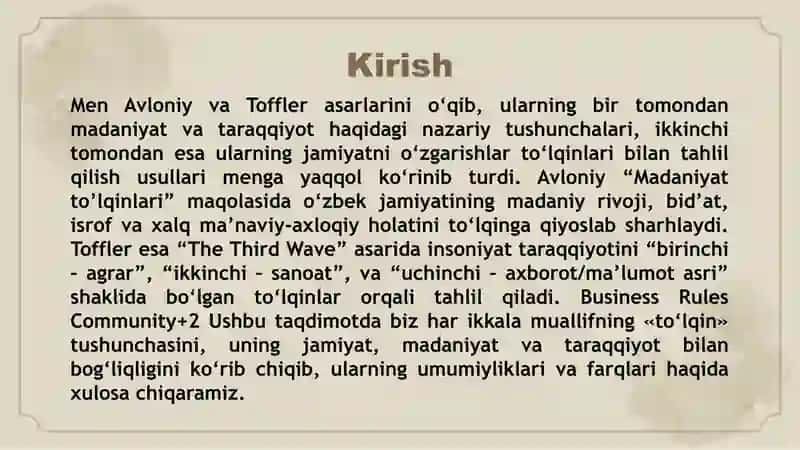 Avloniyning Madaniyat to'lqinlari maqolasi va E Tofflerning Uchinchi to'lqin asarini qiyosiy tahlil etish 3