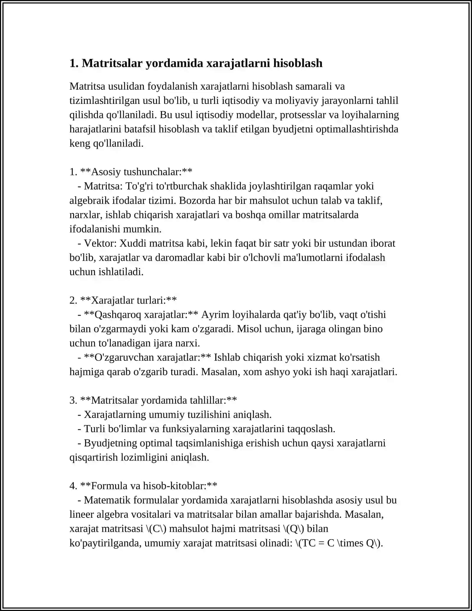 MUSTAQIL ISH Mavzu: MATRITSALAR USTIDA AMALLARGA KELADIGAN IQTISODIY MASALALAR 3