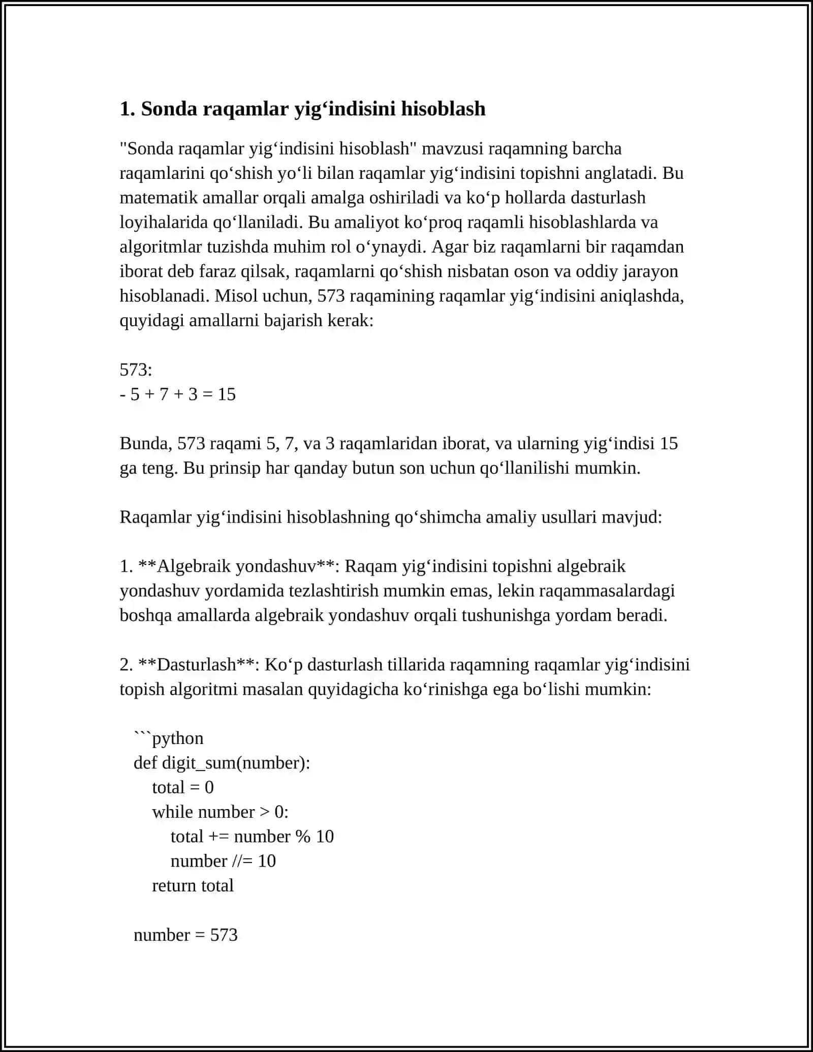 C++TILIDA SONDAGI RAQAMLAR YIG‘INDISINI HISOBLASH DASTURINI TUZING 3