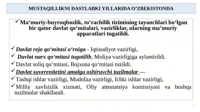 O`ZBEKISTONDA DEMOKRATIK, FUQAROLIK JAMIYATI ASOSLARINING SHAKLLANISHI, AMALGA OSHIRILGAN SIYOSIY ISLOHOTLAR 3