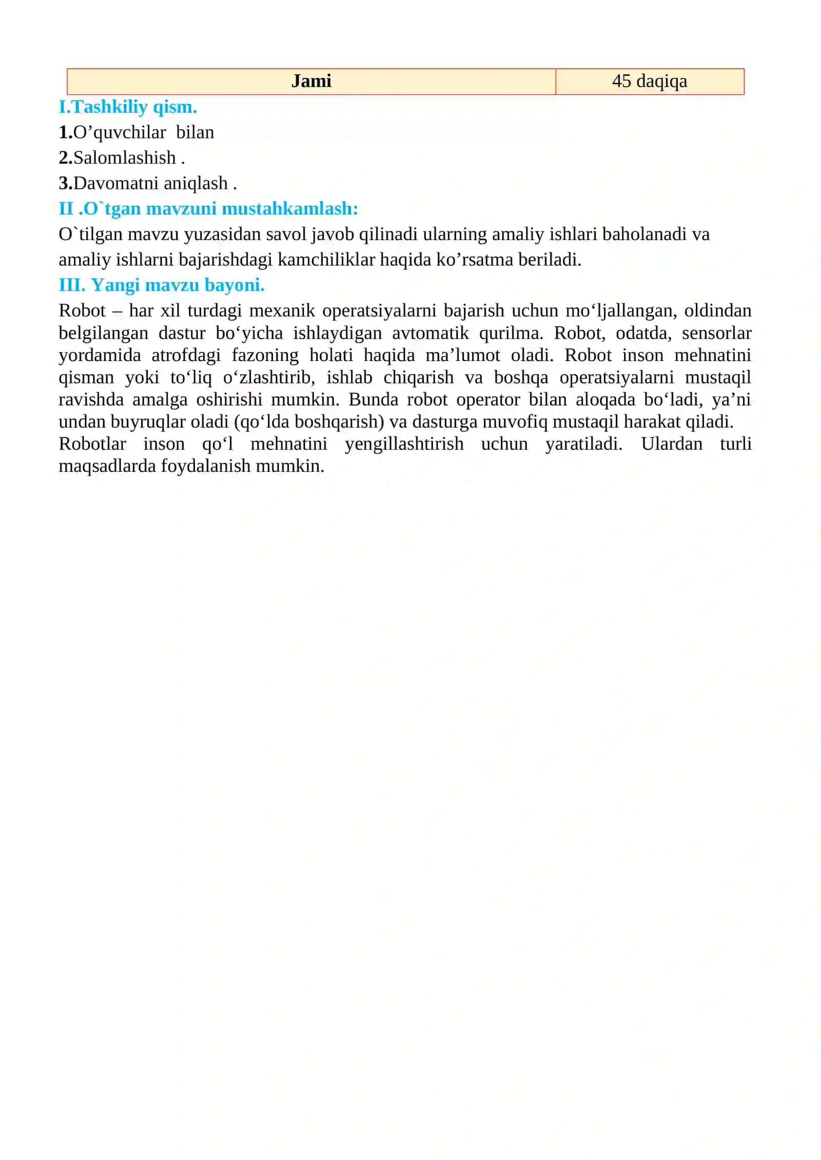 3-sinf Texnologiya fanidan Geometrik shakllardan robot hosil qilish dars ishlanma 3