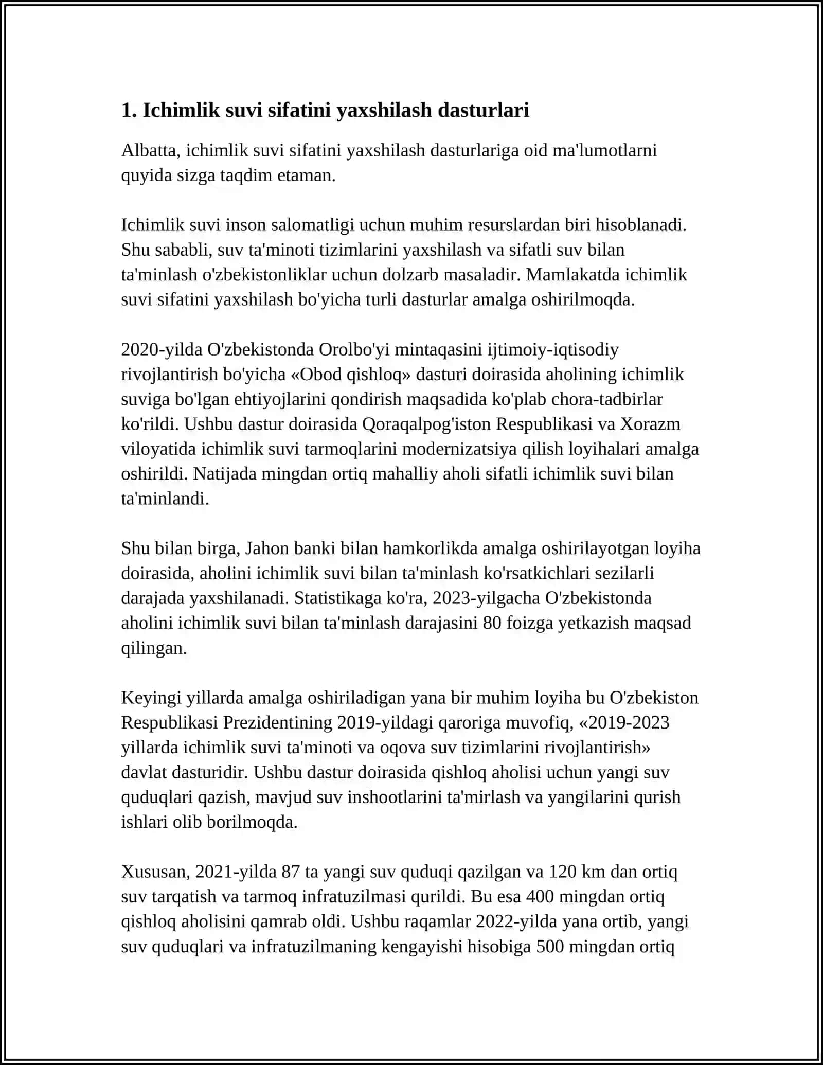 O‘zbekiston Respublikasida Suv Ta’minoti Tizimlarini Yaxshilash Bo‘yicha Olib Borilayotgan Ishlar 3