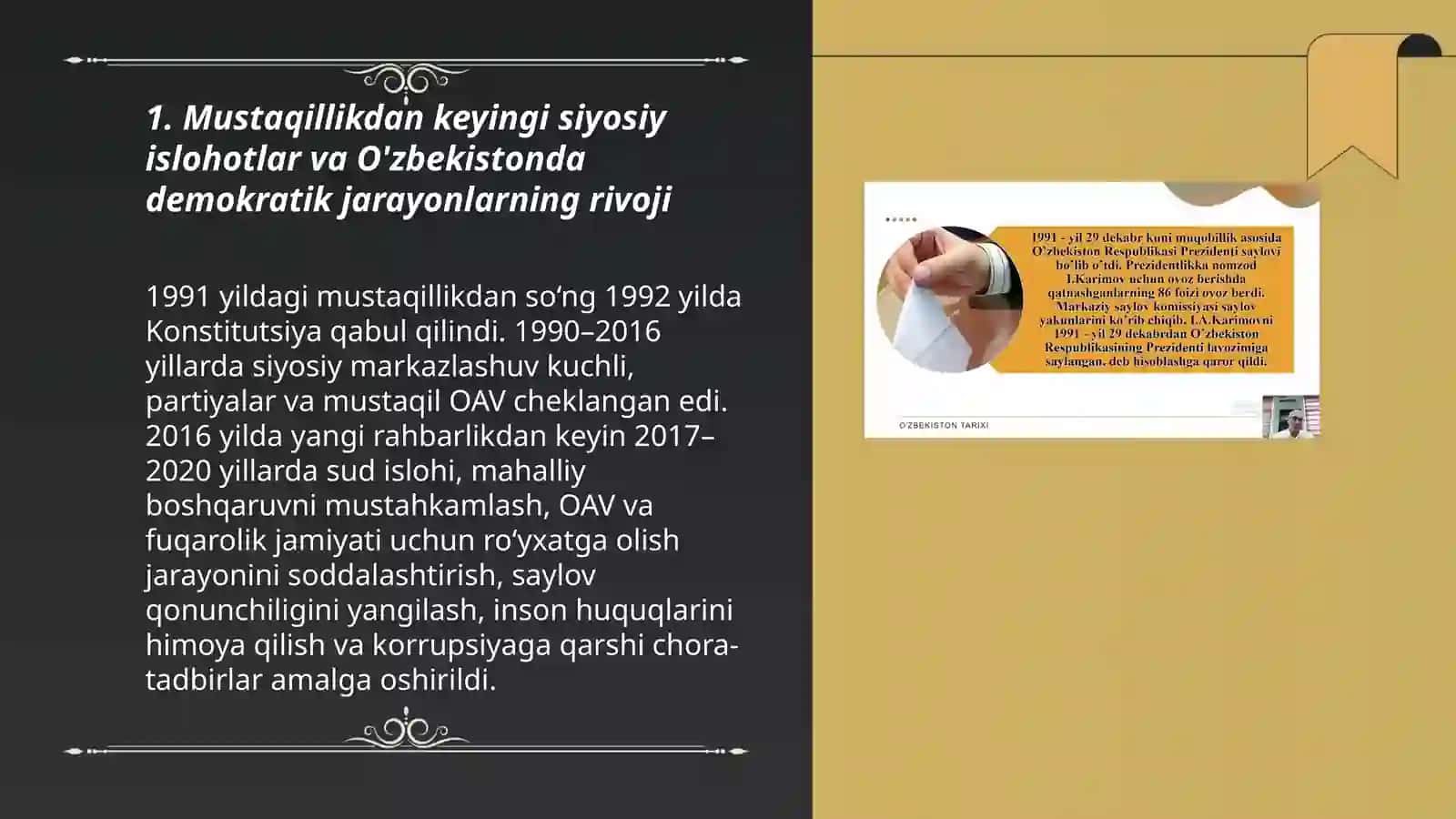 O‘zbekistonda demokratik, fuqarolik jamiyati asoslarining shakllanishi, amalga oshirilgan siyosiy islohotlar 3