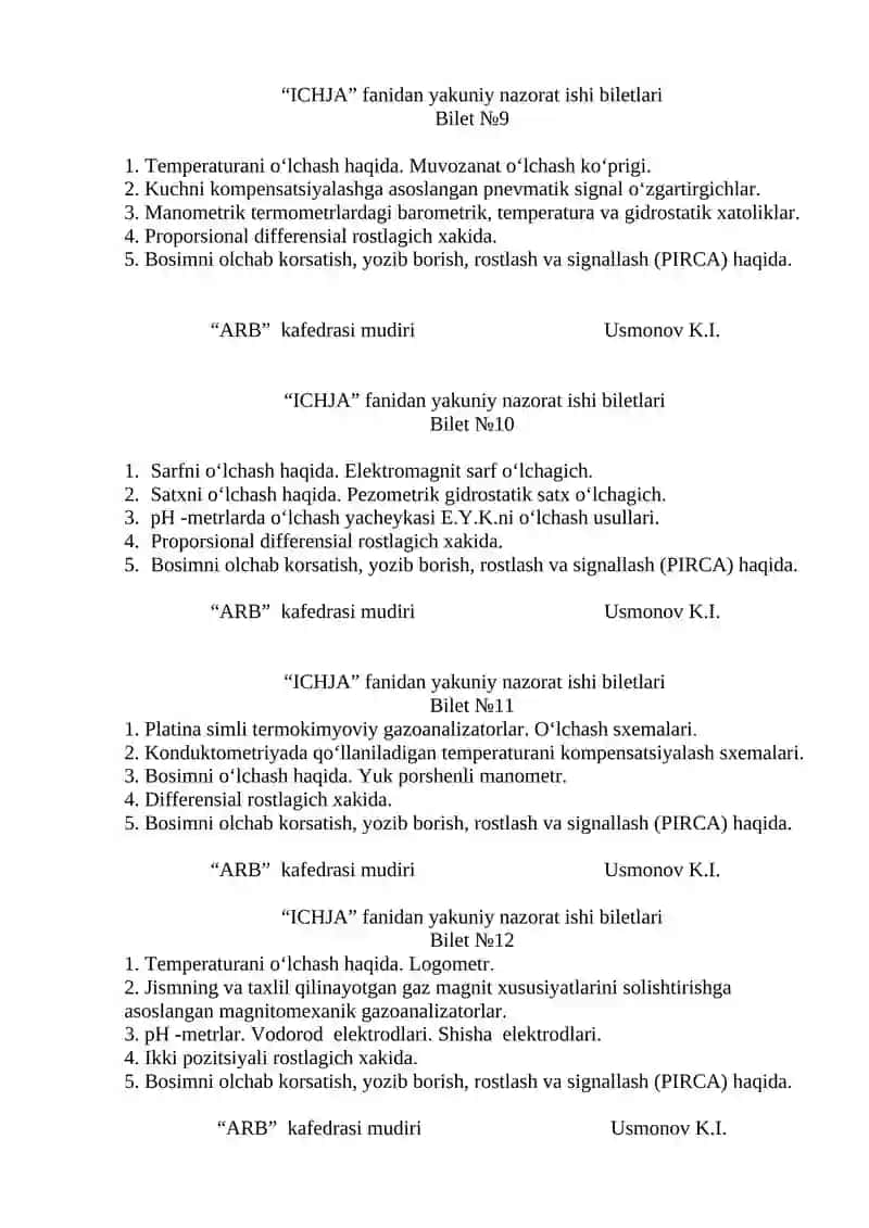 "ICHJA" fanidan yakuniy nazorat ishi biletlari 3