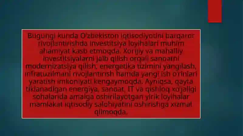 O‘zbekistonda amalga oshirilayotgan   real investitsiya loyihalari 3