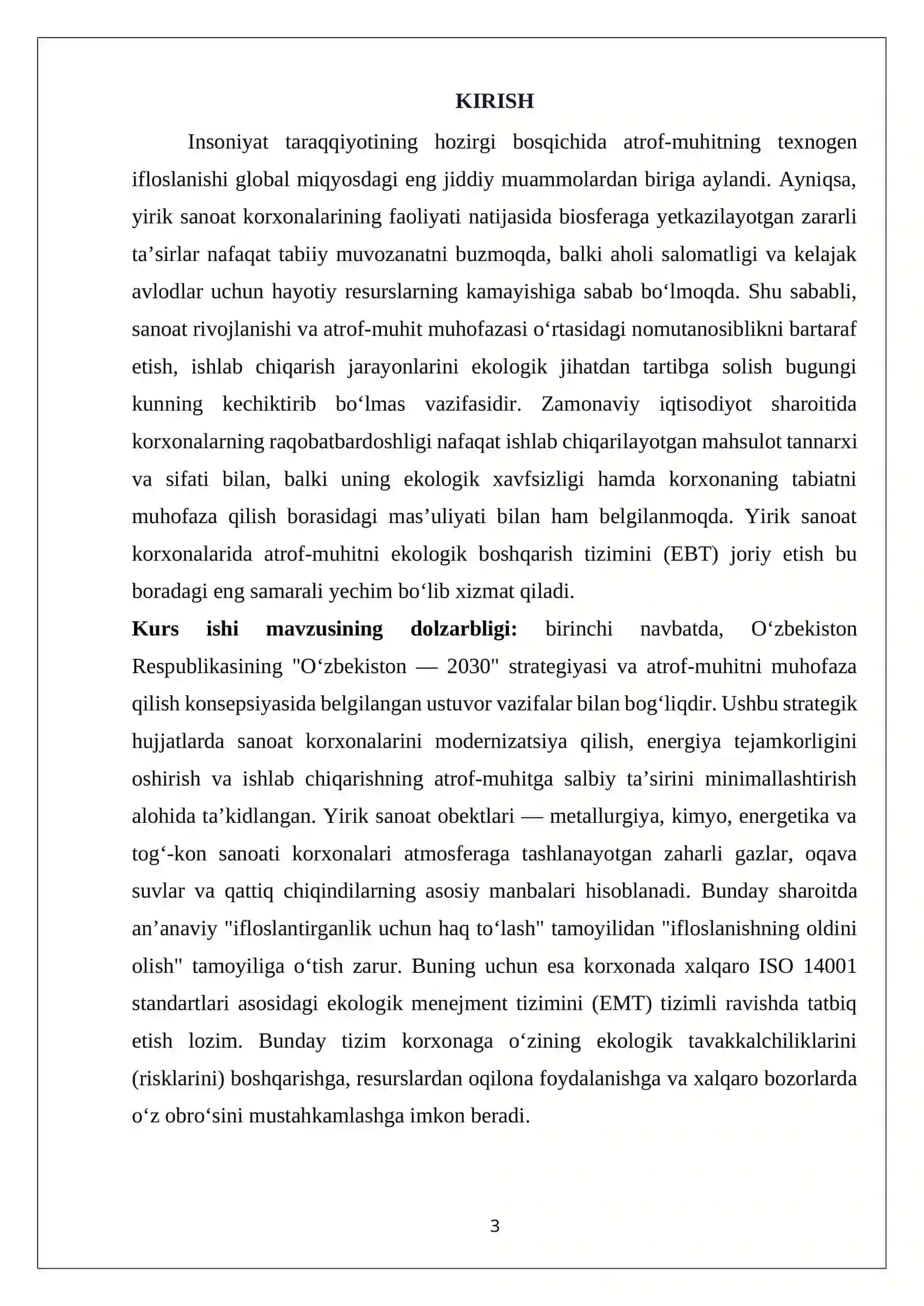 Yirik sanoat korxonasida atrof-muhitni ekologik boshqarish tizimini joriy etish 3