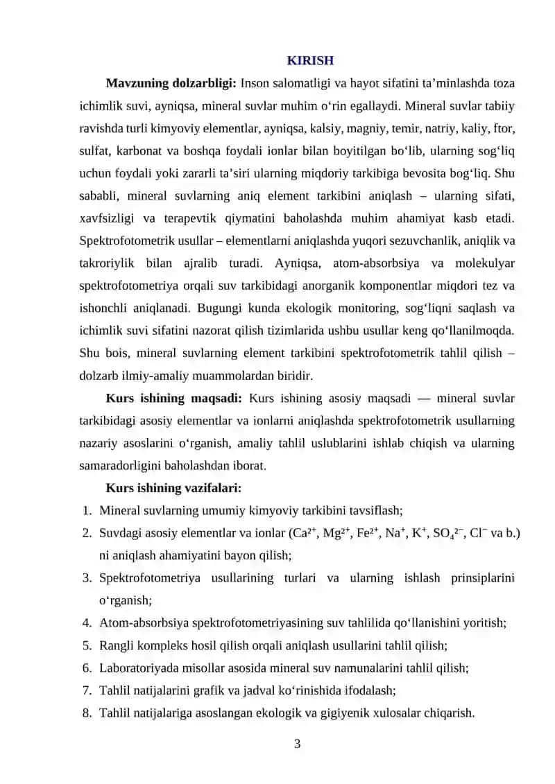 "MINERAL SUVLARNING ELEMENT TARKIBINI ANIQLASHNING SPEKTROFOTOMETRIK USULLARI" 3