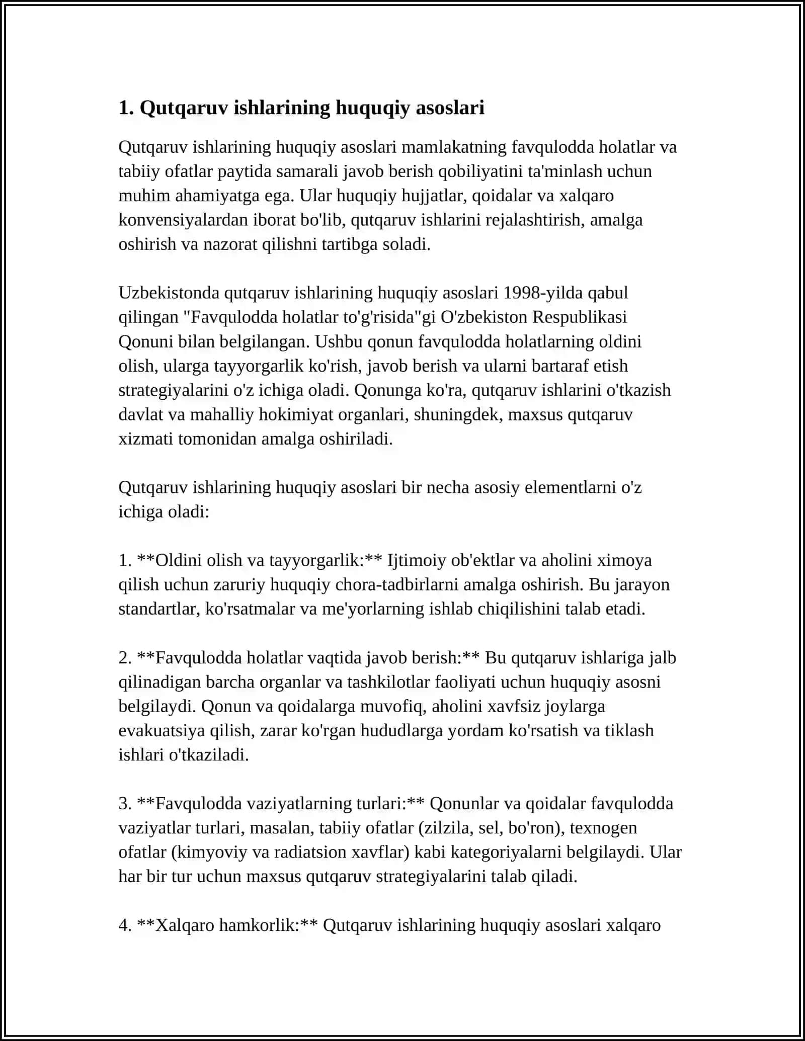 FAVQULOTDA VAZIYTDA ZARARLANGA O'CHOQLARDA QUTQARUV ISHLARINI TASHKIL ETISH 3