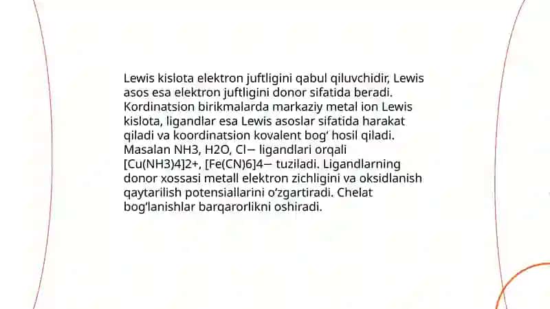 Kordinatsion birikmalarni kislota asoslik xossalari va ularning oksidlanish qaytarilish reaksiyalari 3