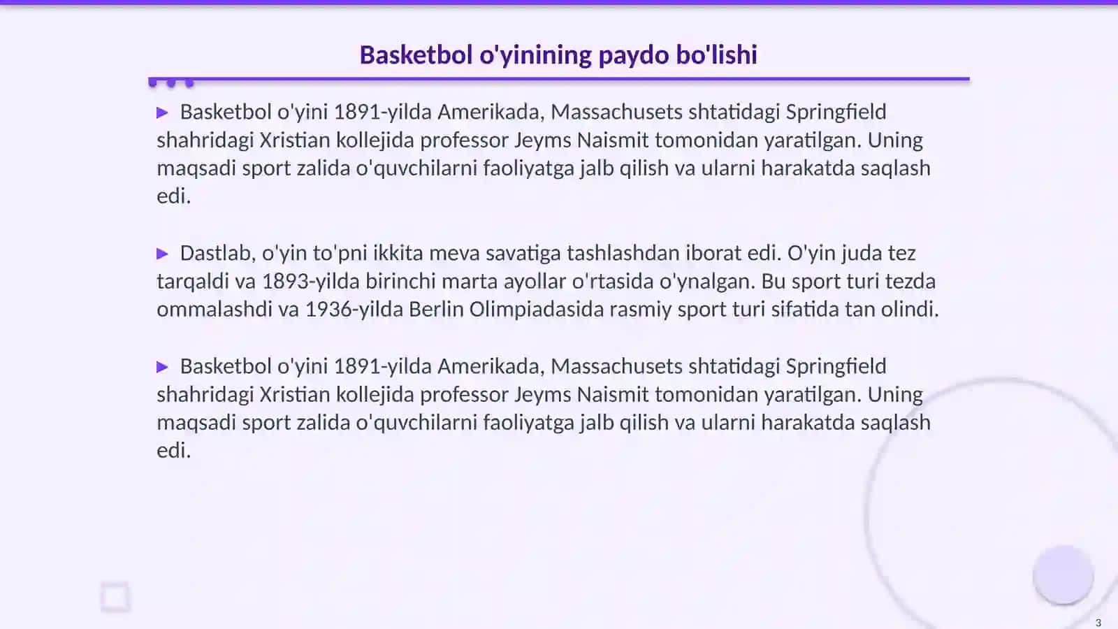 Basketbol o'yini kelib chiqishi va rivojlanishi tarixi 3