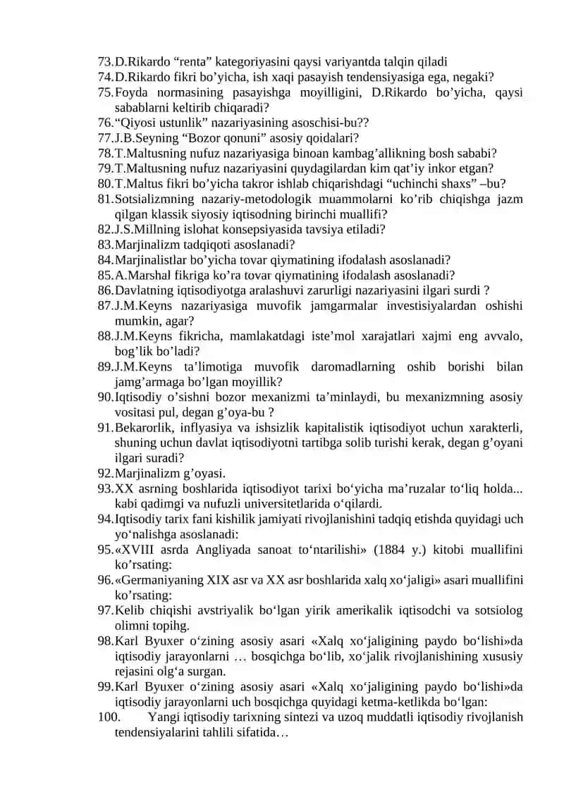 IQTISODIY TA’LIMOTLAR TARIXI FANIDAN YAKUNIY NAZORAT SAVOLLARI 3