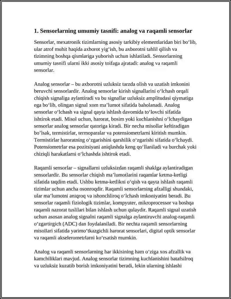 MEXATRONIK TIZIMLARNING TARKIBIY ELEMENTLARI: SENSORLAR, AKTUATORLAR, BOSHQARUV MODULLARI 3