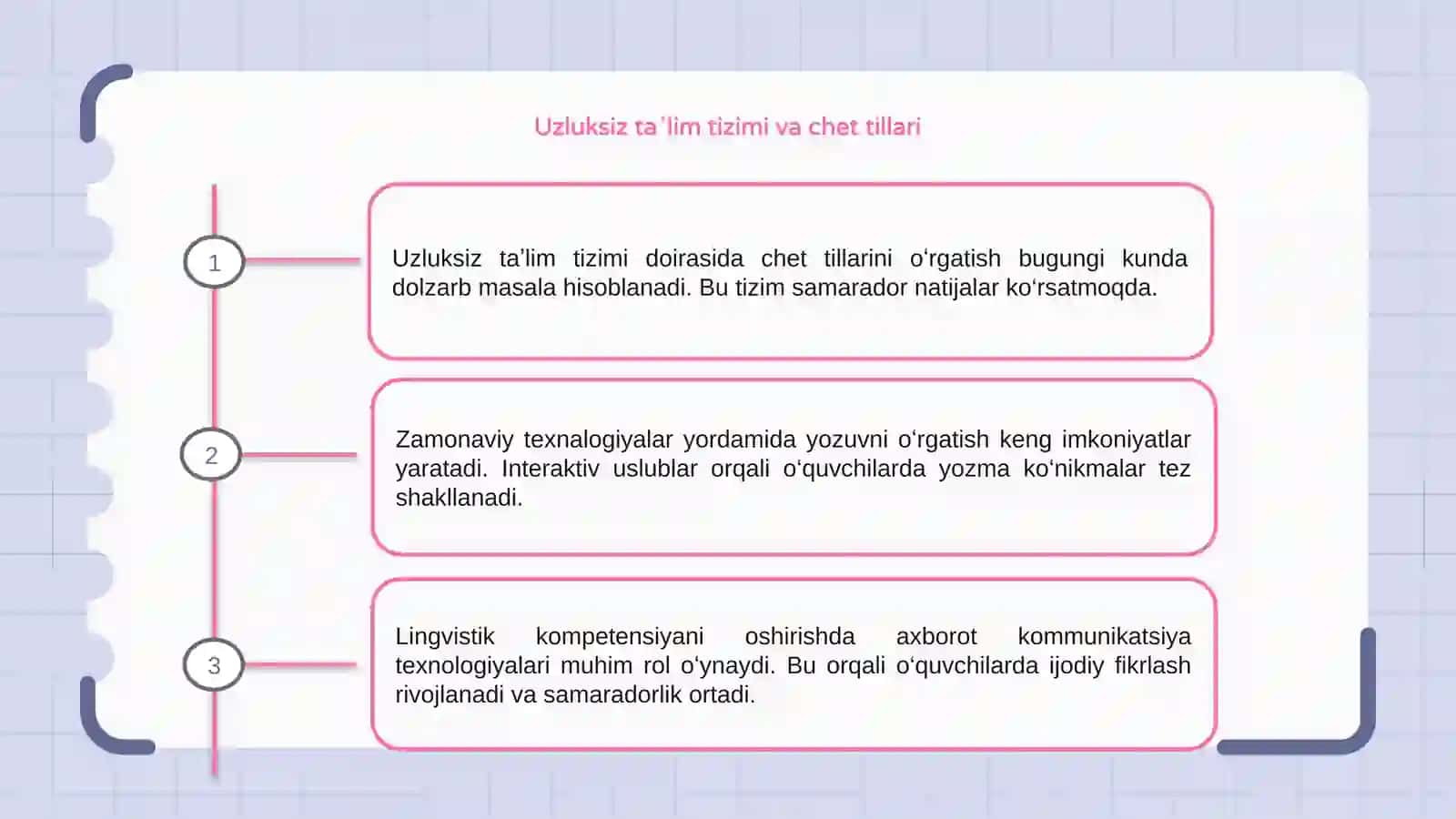 Uzluksiz ta'lim tizmida chet tillarini õqitish yozuvni õrgatish texnalogiyalari 3