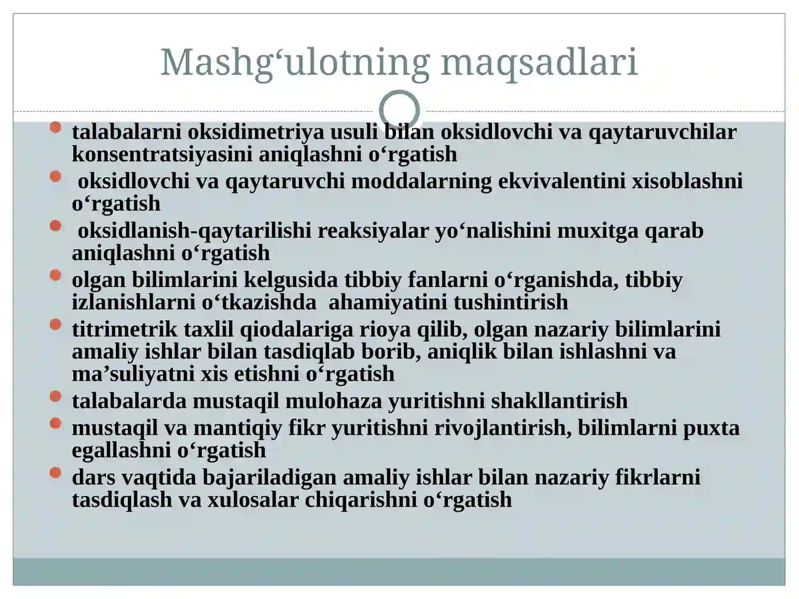 Titrimetrik tahlil. Neytrallash usuli. Oksidimetriya usullari 3