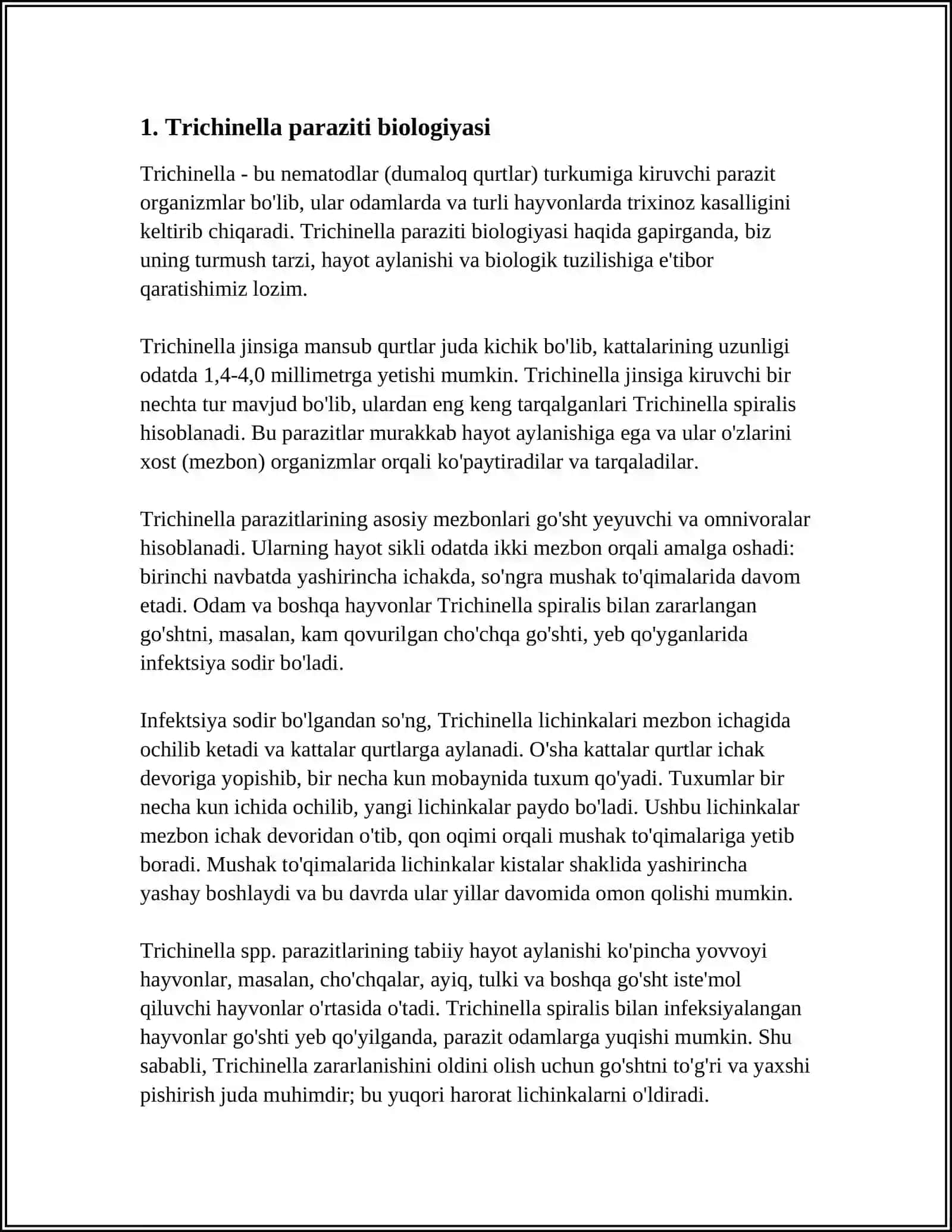 YUMALOQ CHUVALCHANGLAR: TRIXINELLA, RISHTA, FILYARIYALAR OILASI PARAZIT VAKILLARINI OʻRGANISH 3