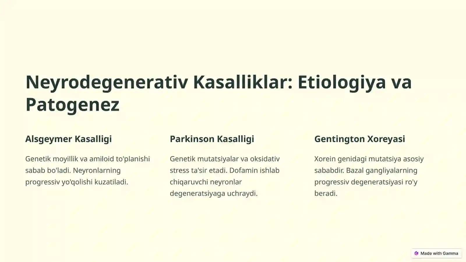 Neyrodegenerativ kasalliklar (Alsgeymer, parkinson kasalliklari, Gentington xoreyasi) etiologiyasi, patogenezi,klinika diagnostikasi,Diffrensial diagnostikasi. Nerv mushak distrofiyalari Miopatiyalar (Dyushen, Erba Rota, Landuzi Djerina, Bekker) Multifaktorial kasalliklar, etiologiya, patogenez, diffrensial diagnostikasi 3