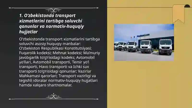 O‘zbekistonda transport xizmatining qonuniy-huquqiy asoslari 3