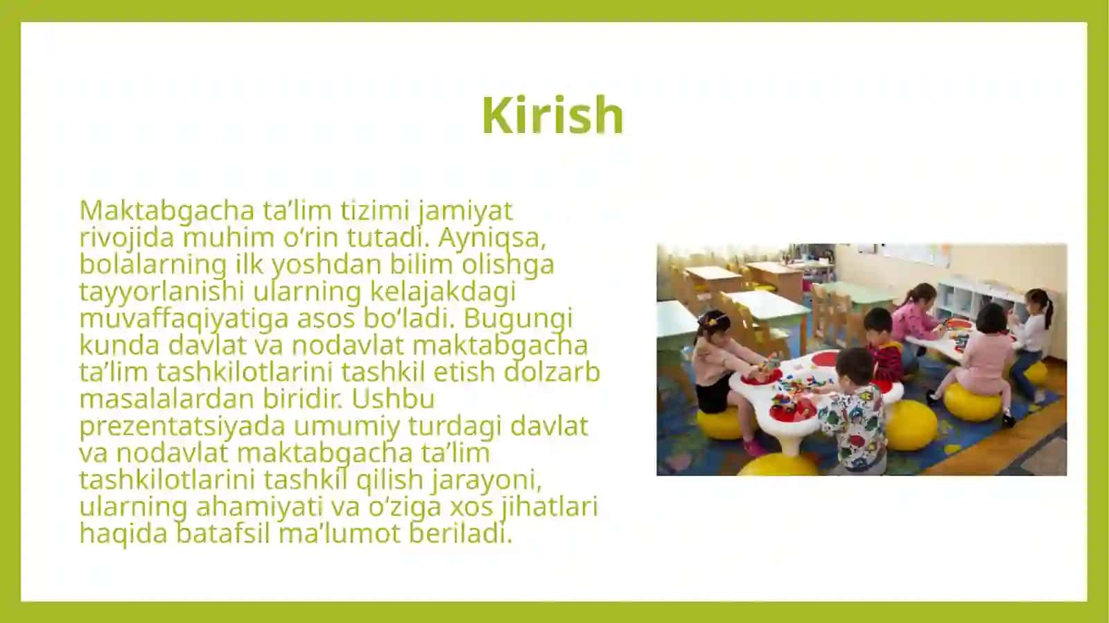 Umumiy turdagi davlat va nodavlat maktabgacha ta'lim tashkilotlarini tashkil qilish. Davlat va nodavlat maktabgacha ta'lim tashkilotlarini tashkil qilish 3