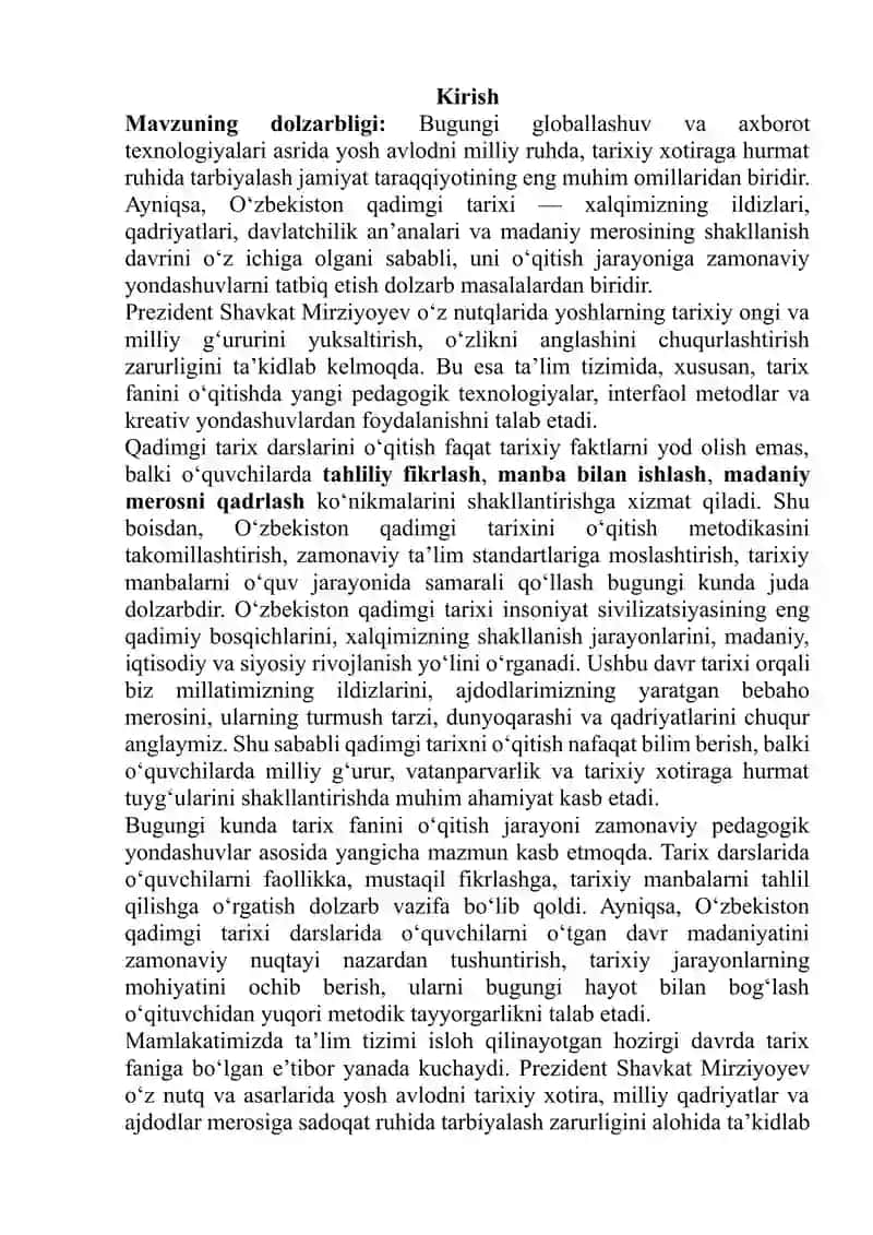 O'zbekiston Qadimgi tarixi darslarini o‘qitish hususiyatlari Kurs ishi 3