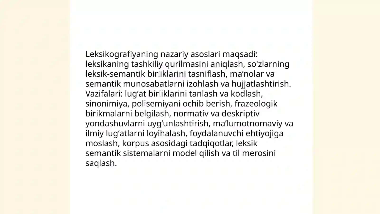 Leksikografiyaning maqsadi va vazifalari Oʻzbek tilida leksik semantik sistemalari 3