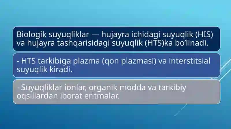 Organizmning biologik suyuqliklari — elektrolit va noelektrolitlar  eritmalari sifatida 3