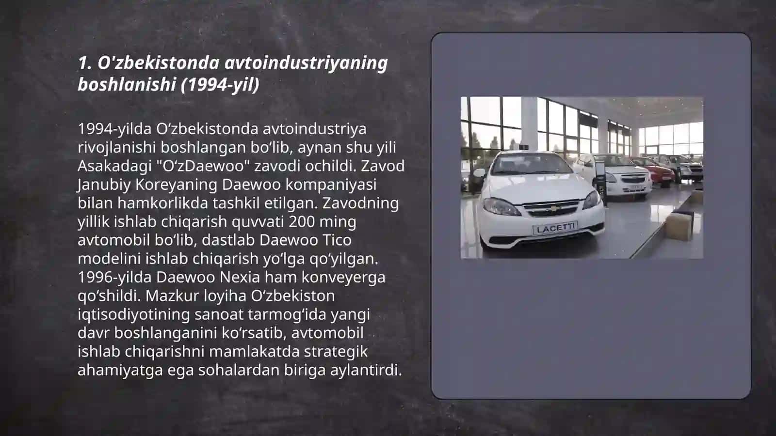 O'zbekistonda avtamabilsozlik 1994 yilda va 2024-yilarda 3
