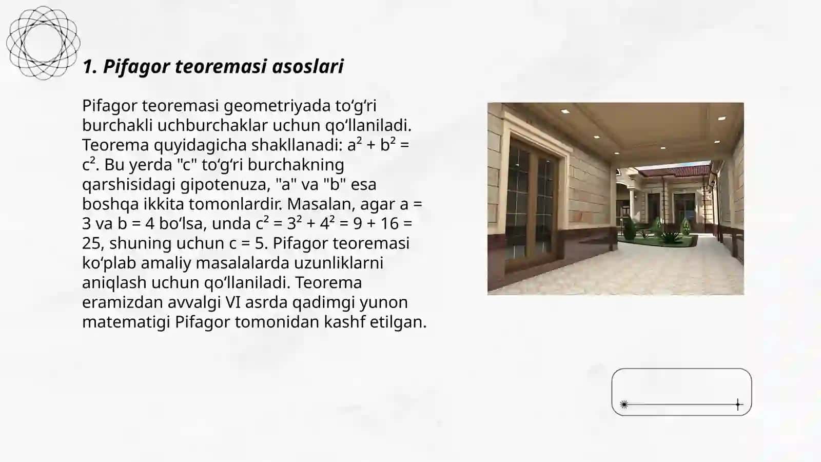 Uyni ta'mirash va dizayn loyihasini tayyorlashda Pifagor teoremasini tadbig'i 3