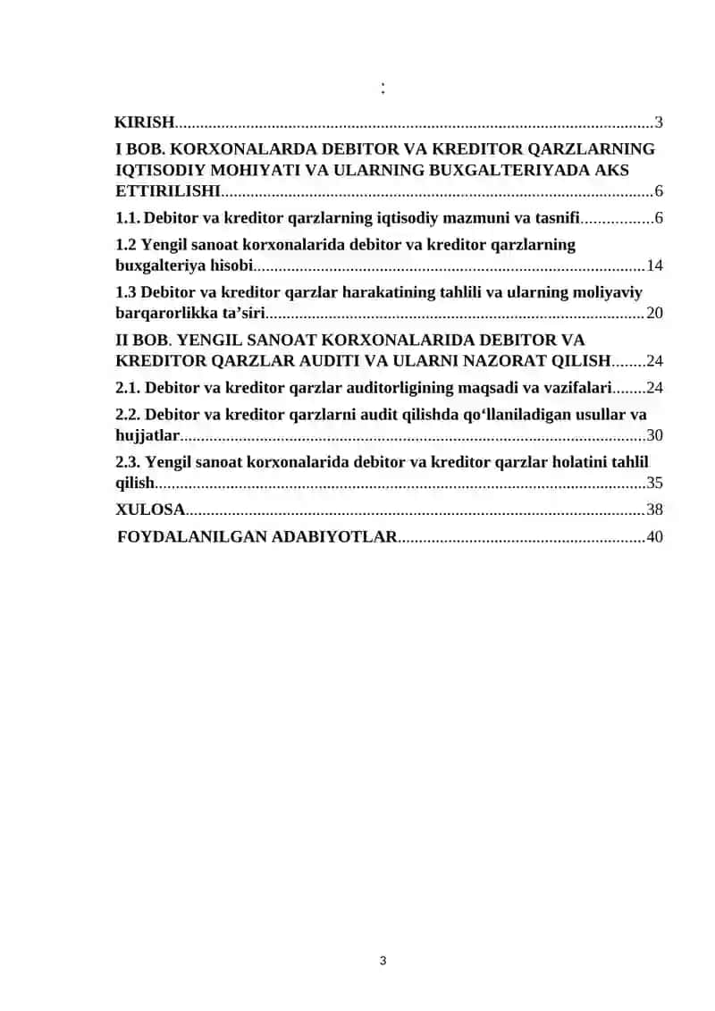 Yengil sanoatdagi debitor va kreditor qarzlar auditorligi va buxgalteriyadagi aks ettirilishi. 3