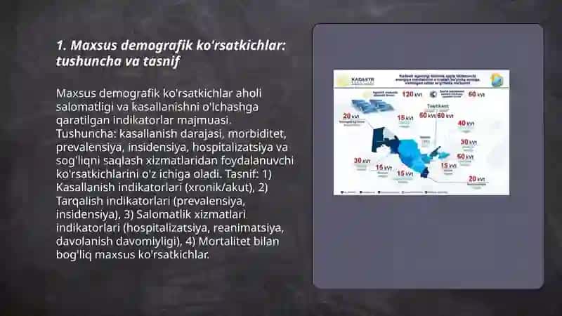 Maxsus demografik kōrsatkichlar Aholining kasallanish darajasini ōrganish.Soģliqni saqlash tizimida hisob va hisobotning statistik tizimi.Davlat statistikasi tōğrisidagi qonunlar 3