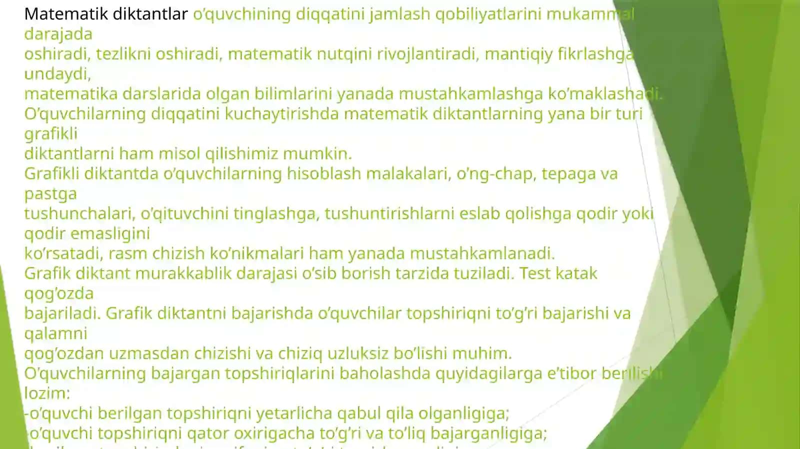 Matematika darslarida matematik diktantni tashkil etish va turlari. 3