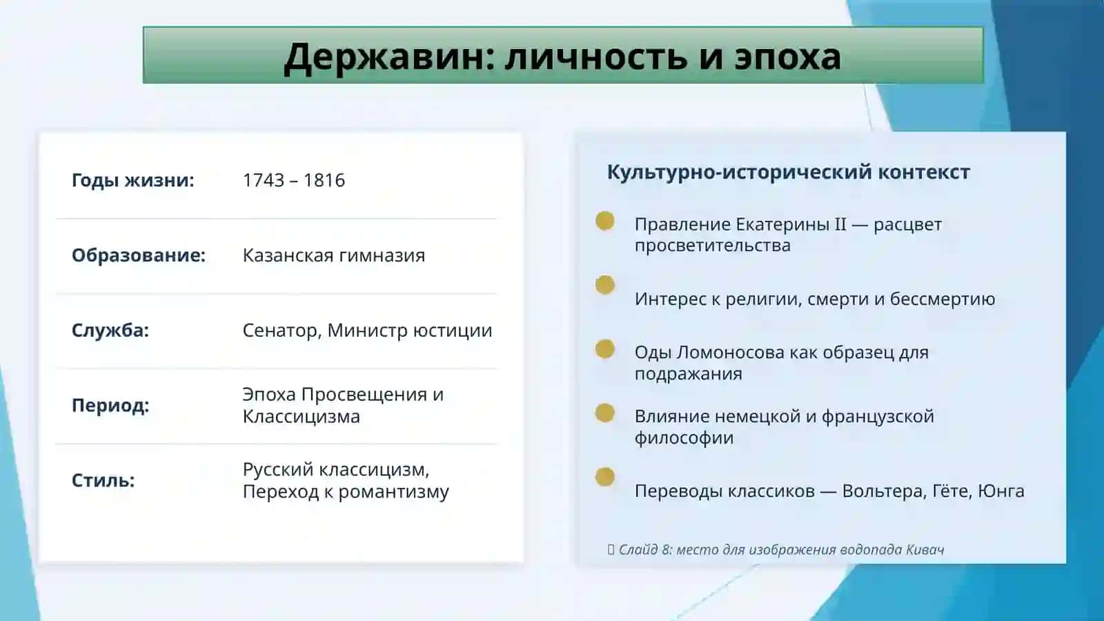 Религиозно-философская проблематика в творчестве Державина («Бог», «На смерть князя Мещерского», «Водопад»). 3