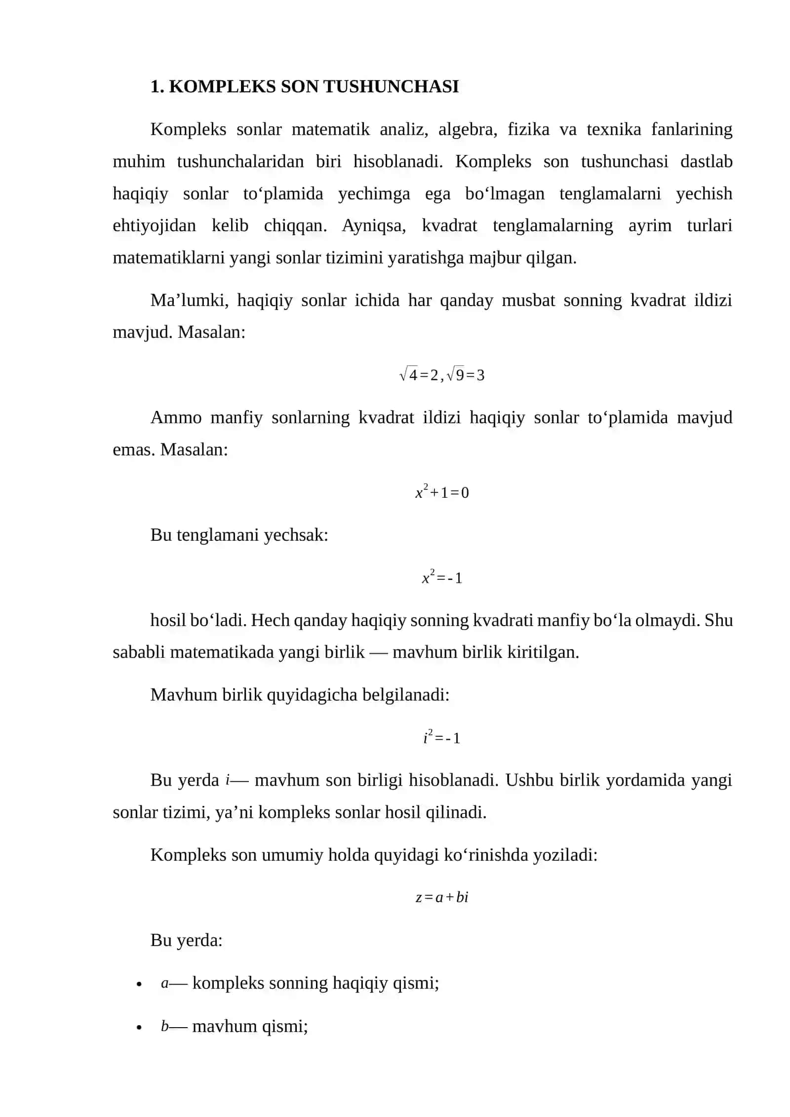 KOMPLEKS SON TUSHUNCHASI. KOMPLEKS SONLAR USTIDA ARIFMETIK AMALLAR 3