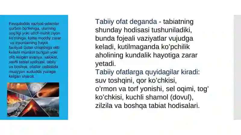 TАBIIY, TEXNOGEN, EKOLOGIK VA IJTIMOIY TUSDAGI FAVQULOTDA VAZIYATLARDA 3