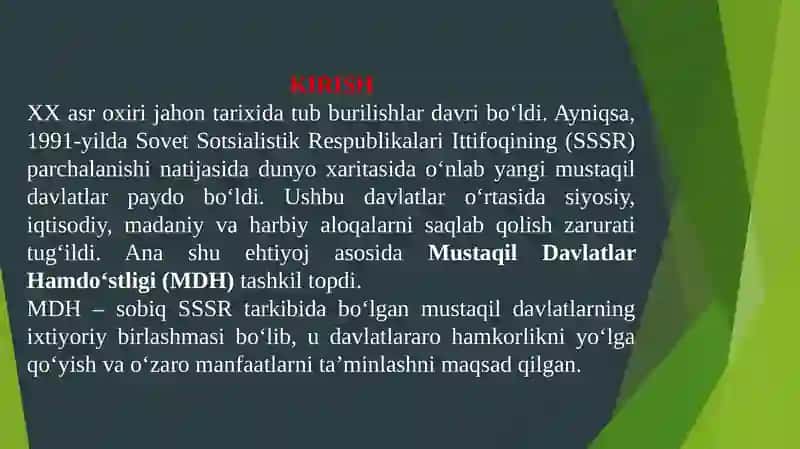 Mustaqil Davlatlar Hamdo‘stligining (MDH) tashkil topishi 3