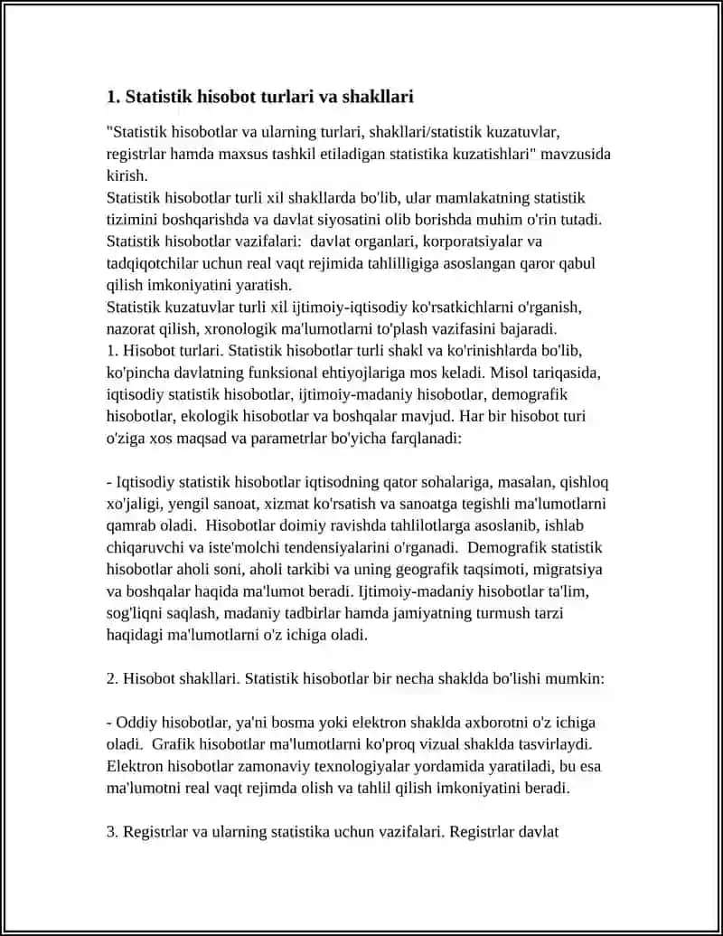 REFERAT STATISTIK HISOBOT, REGISTR VA MAXSUS TASHKIL ETILADIGAN STATISTIK KUZATISHLAR 3