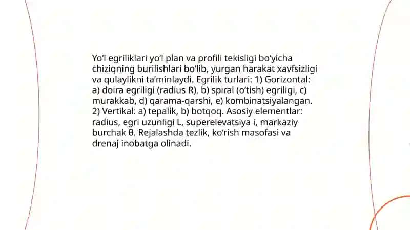 Yo‘l egriliklari va egrilarni batafsil rejalash 3