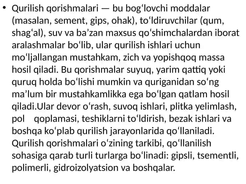 Qurilish qorishmalari uchun materiallar. 3
